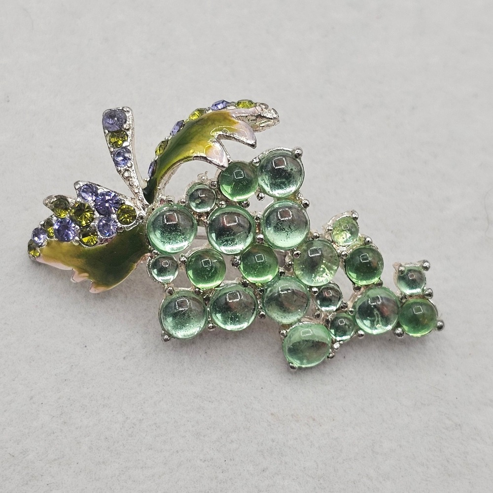 Grape Cluster Brooch Fruit Rhinestones Green Cabochon Enamel Pin 2 Inch